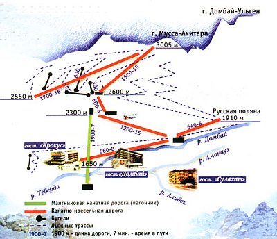 Горнолыжный курорт Домбай: схема склонов